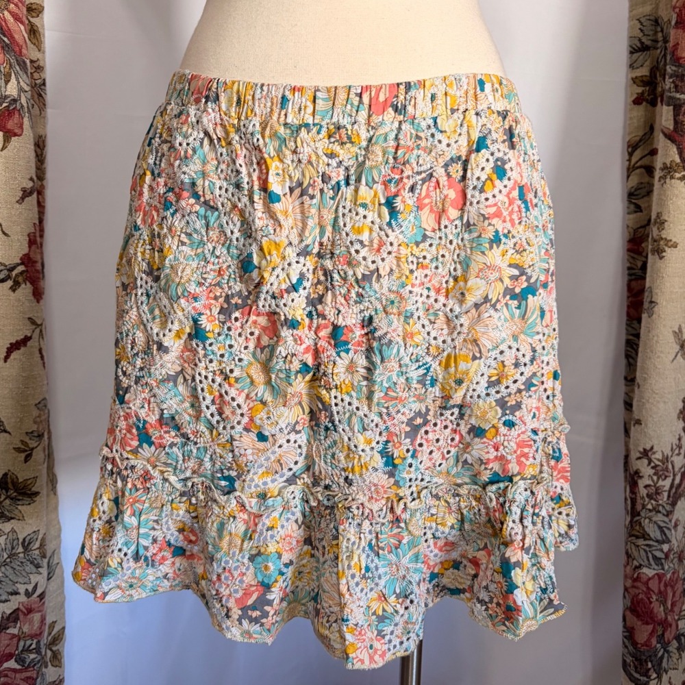 Solitaire Gorgeous Floral Eyelet Mini Skirt Multicolor Cottagecore Ruffle Waist